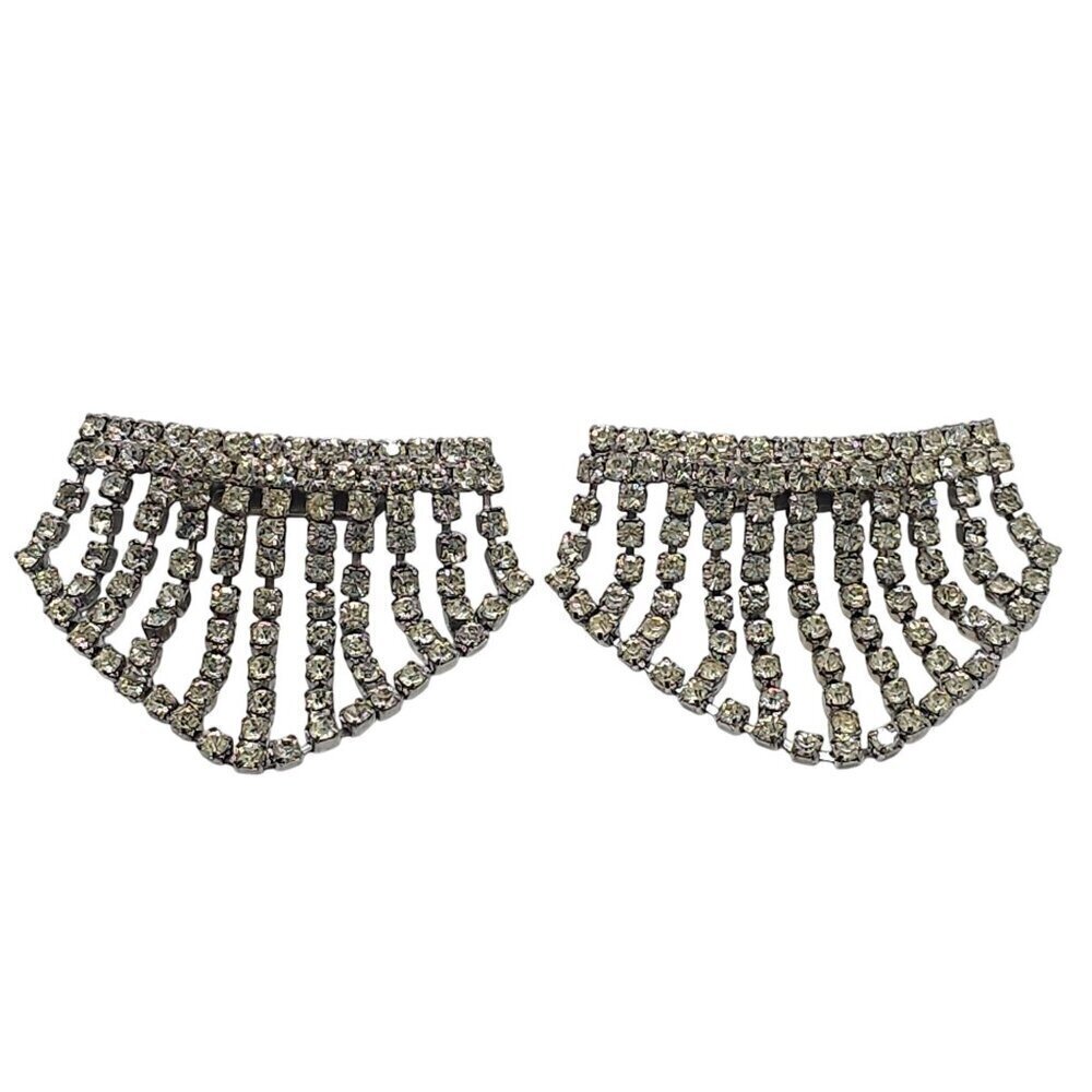 Vintage Rhinestone Fan-Shaped Shoe Clips With Rhodium Finish
